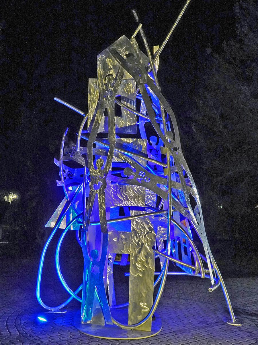 Building-Peace(Peace on Earth)-night-web-4. Fabricated Aluminum. 20 FT High by 10 FT Long by 5 FT Wide